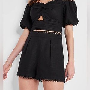 Express High Waisted Linen-Blend Eyelet Trim Shorts NWT